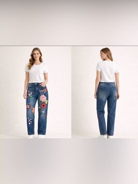 Misslook Floral Painted Jeans Distressed Straight Leg Denim Size Medium